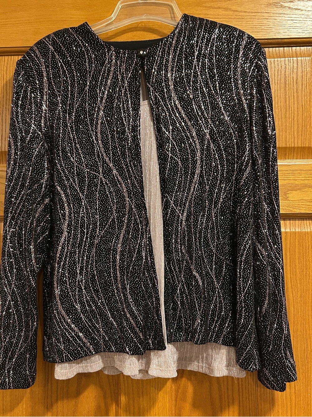 Ronni Nicole Black Sparkle Open-Front Jacket Rose Wave Detail & Matching Cami